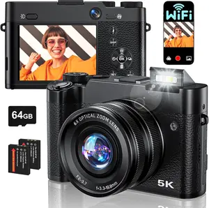 Digital Camera, 6X Optical Zoom & WiFi, 5K 30FPS 64MP Vlogging Camera, Rear and Front Cameras for Photography and Video, Autofocus & Anti-Shake, Travel Selfie for YouTube with Flash Dial 64GB Card Button Charging Compact Lens Portable Rechargeable