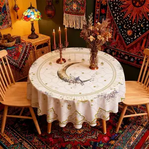 Elegant Base Gold Crescent Flower Lantern Print Round Tablecloth, Stain-Resistant, Ideal for Ramadan Iftar, Dinner Parties, Tea Time