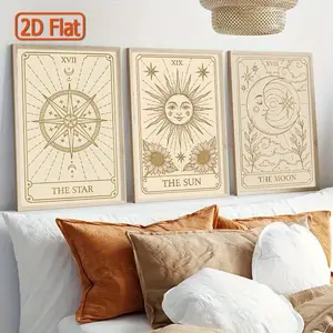3pcs/Set Bohemian-style Tarot Card Canvas Posters Sun Moon Print Featuring Sun, Moon and Stars Modern Astrology Mysterious Wall Home Decoration