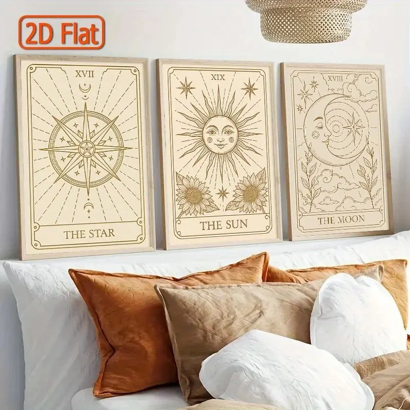 3pcs/Set Bohemian-style Tarot Card Canvas Posters Unique Artwork Sun Moon Print Featuring Sun, Moon and Stars Modern Astrology Mysterious Room Wall Decor Wall Home Decoration