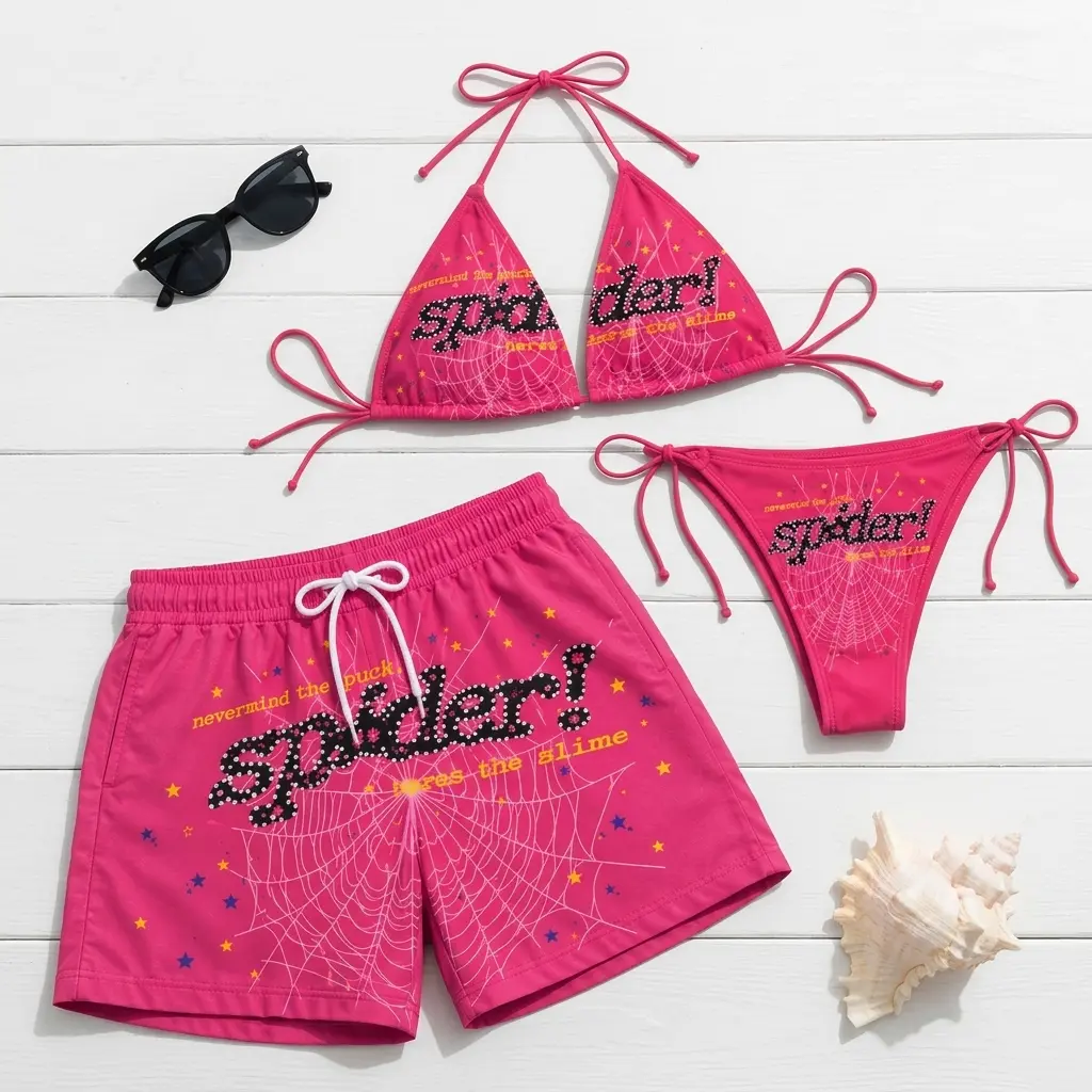 Hot Pink Spider Web Couple Swimwear Set – Y2K String Bikini for Women & Matching Men’s Swim Trunks, Beach Vacation Outfit