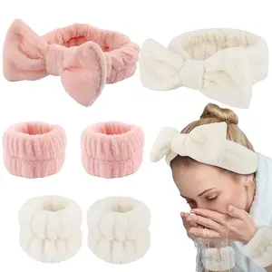 1/3 cute bow headband and wristband set, women's spa headband for face washing, makeup headband, skin care headband.