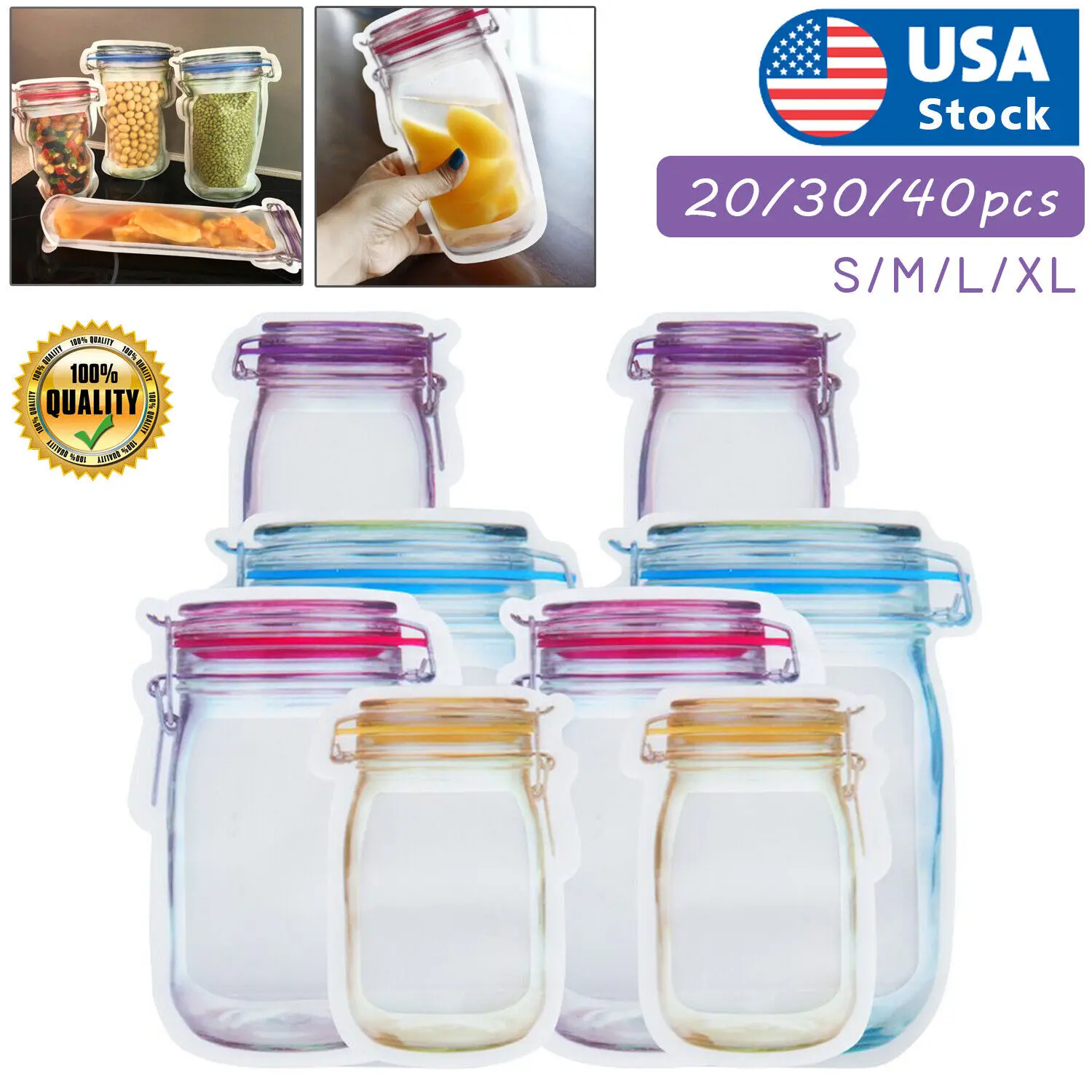 20-40PC/Set Reusable Mason Jar Bottles Zipper Snack Bags Seal Food Saver Storage Containers Kitchen Lightweight Transparent Washable