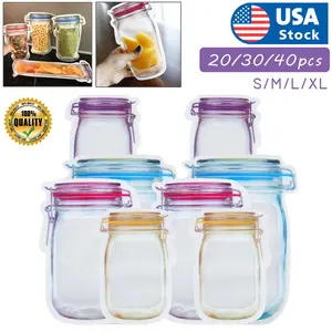20-40PC/Set Reusable Mason Jar Bottles Zipper Snack Bags Seal Food Saver Storage Containers Kitchen Lightweight Transparent Washable