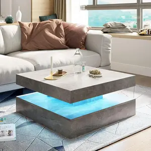 Grey LED Coffee Table for Living Room, Living Room Table 2-Tier Square Middle Center Table, Modern Coffee Tables, Customized