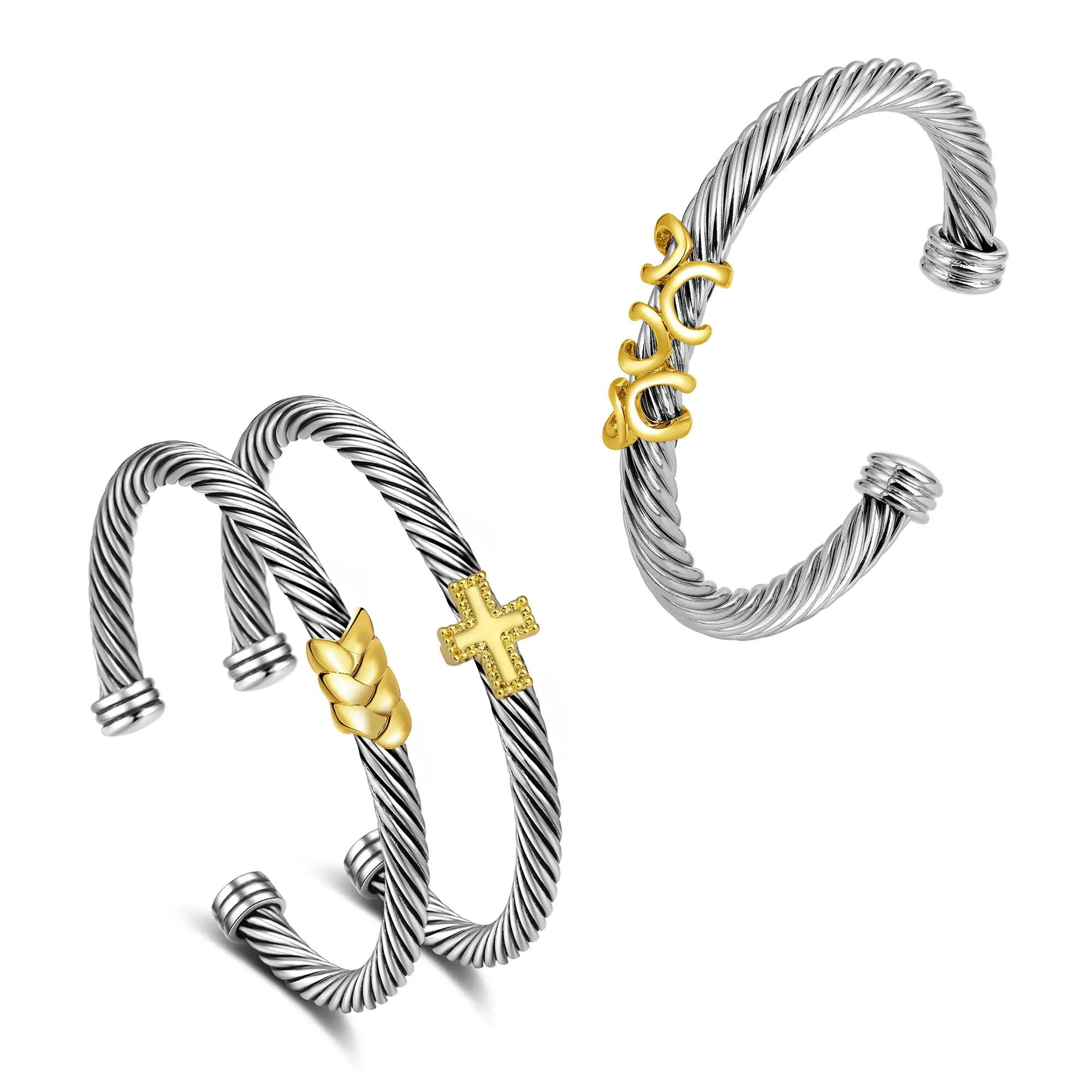 Mytys Two Tone Twisted Cable Bracelet for Women Fashion Wire Cuff Dupes Bracelet Open Adjustable Bangle Jewelry Gifts for Her