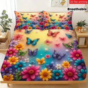 Butterfly Floral Bedding Set, 3-Piece Mattress Protector (1 Fitted Sheet + 2 Pillowcases), Soft Breathable, Suitable for Home Bedroom & Guest Room