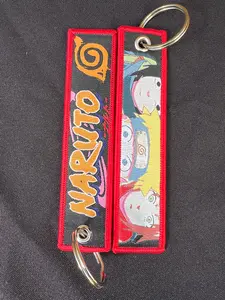Naruto Anime Embroidery Keychain - Character Design with  Text, Featuring Red Detail and Gold Ring