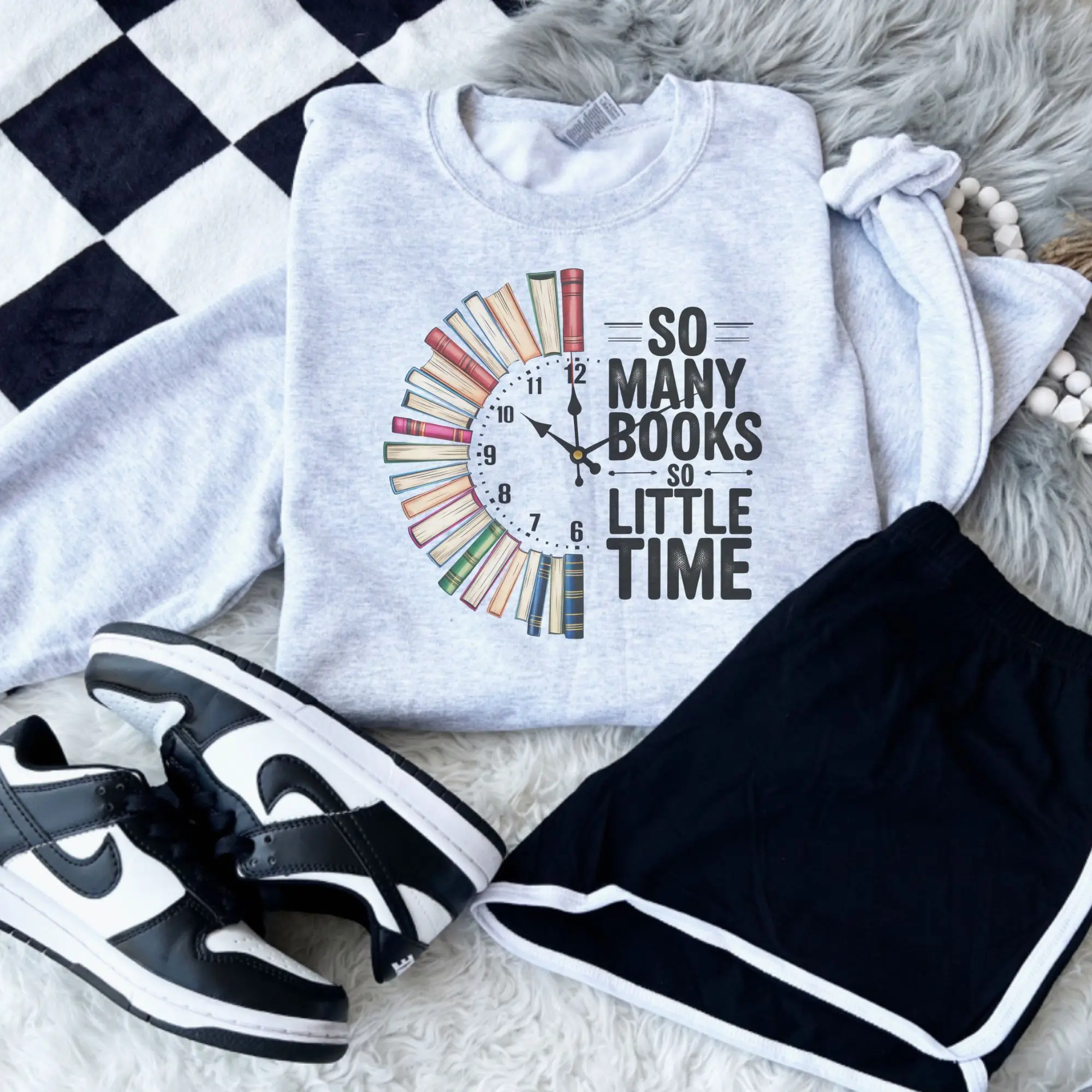 Book - So Many Books Little Time Clock Sweatshirt Ash Grey Booktok Clean Fit Jersey Aesthetic Cotton Unisex Soft Sublimation Pressed trending now day to night sophisticated figure flattering