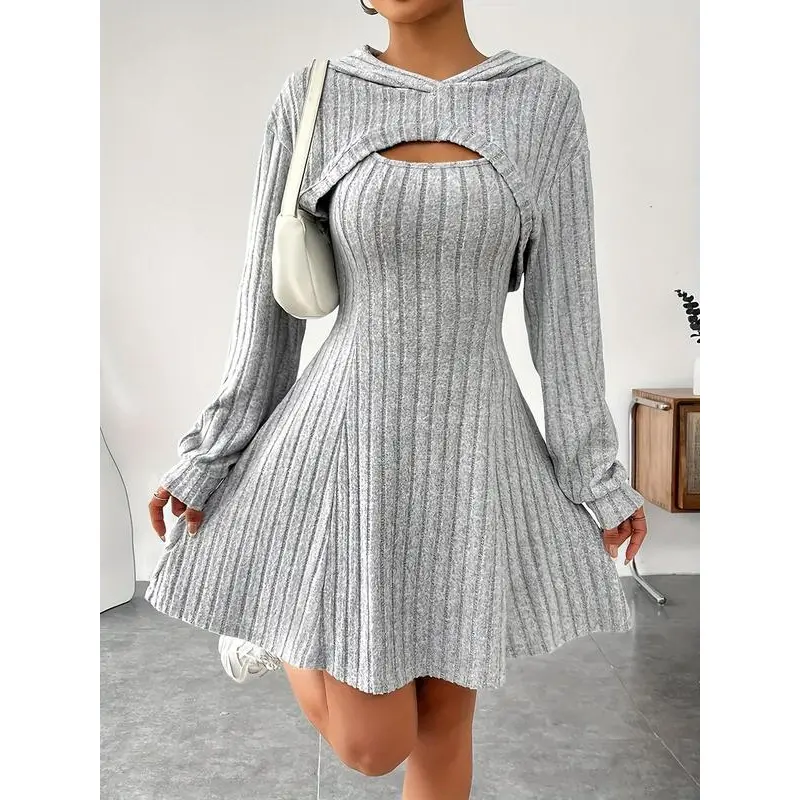Plus Size Two Piece Set Women Casual Bishop Sleeve Crop Hoodie Tank Dress Set Spring Fall Women's Clothing