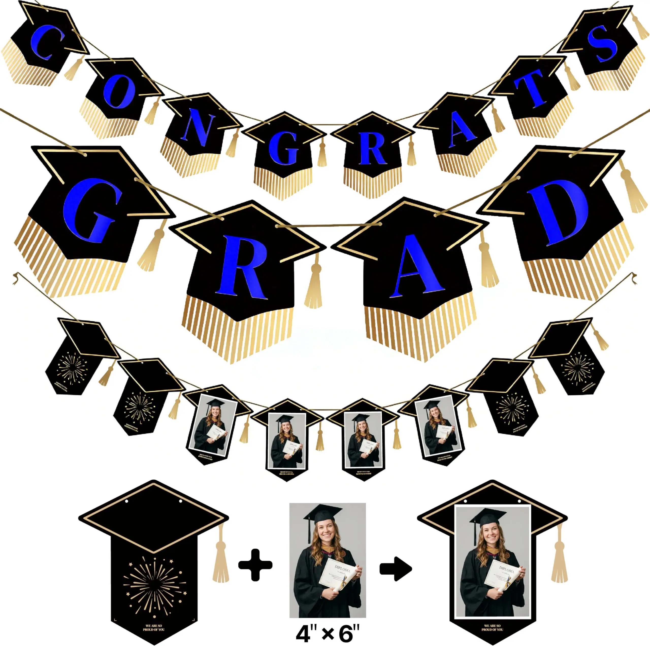 Graduation Decorations Class of 2026 Grad Party Supplies Set with 2026 Hanging Congrats Grad Party Banner Supplies for Middle High School College Graduation Party Black Blue Gold 2pcs Banner