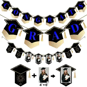 Graduation Decorations Class of 2026 Grad Party Supplies Set with 2026 Hanging Congrats Grad Party Banner Supplies for Middle High School College Graduation Party Black Blue Gold 2pcs Banner