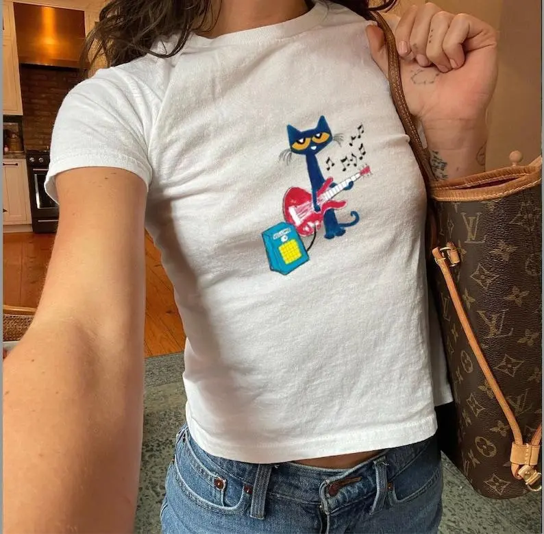 Pete the Cat Playing Guitar Baby Tee  Y2K Baby Tee, 90s Baby Tee, Graphic Shirt Crop, Coquette, Vintage Design