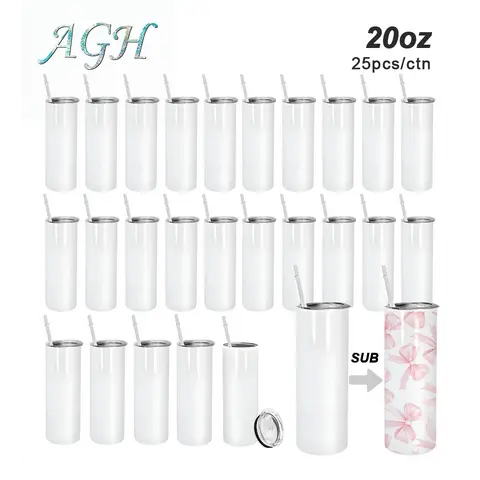 USA 25pcs 20oz Sublimation Straight Skinny Tumblers Bulk Heat Press Stainless Steel Vacuum Insulated Travel Mug with Lid straw