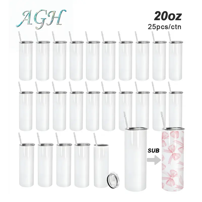 USA 25pcs 20oz Sublimation Straight Skinny Tumblers Bulk Heat Press Stainless Steel Vacuum Insulated Travel Mug with Lid straw