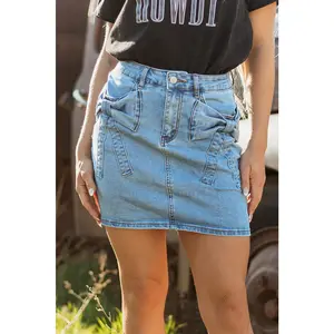 Dusk Blue Acid Wash Bowknot Details High Waist Denim Skirt