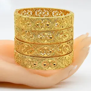 Dubai Gold Color Bangles For Women Gold Plated Indian African Hard Bracelets Charm Wedding Ethiopian Arabic Hand Jewelry Luxury