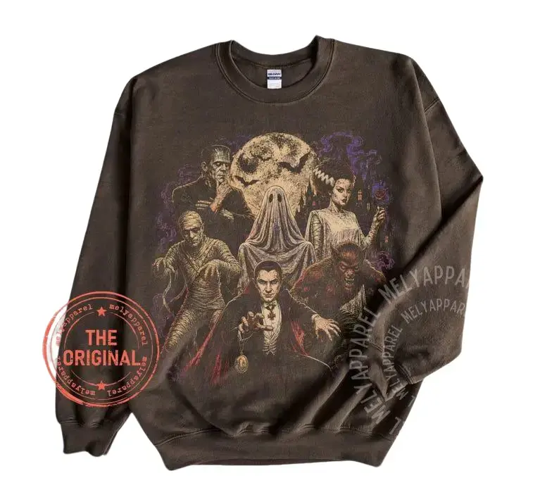 Halloween Sweatshirt Retro Monsters Crewneck Horror Movie Vintage Graphic Pullover Spooky Season Party