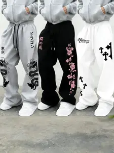 3-Pack Japanese Aesthetic Oversized Sweatpants Bundle, Casual Lounge Pants – Grey/Black/White, Dragon/Sakura Prints, Harajuku Streetwear Aesthetic, Soft Fleece Fabric, Relaxed Baggy Fit, Perfect for Alternative Style Fans, Durable Print