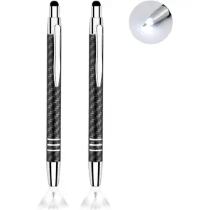 Carbon Fiber Lighted Pen with Capacitive Stylus 3-in-1 LED Light Ballpoint Pen for Nighttime Writing & Journaling 2 Count White Light