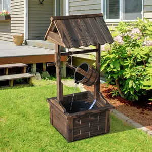 Outdoor Wooden Wishing Well Fountain with Adjustable Water Flow Rate Rustic Waterfall Fountain Carbonized Finish 21.5" L x 20" W x 44" H Solid Fir Wood Construction
