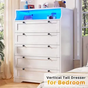 Raybee Modern 5/6/10 Drawer Dresser, with 16 Color RGB LED Lights & Remote Control, Large Storage Cabinet with Anti-Tip Device for Bedroom, Living Room, Office, Sturdy Wooden Dresser with Smooth Gliding Drawers, Easy Assembly Home Furniture Organizer