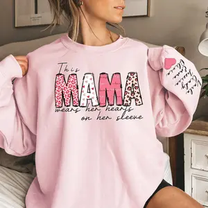 Personalized This Mama Wears Her Heart On Her Sleeve Sweater, Custom Mom With Kids Names Apparel, Motherhood Gift, Mother's Day Gifts