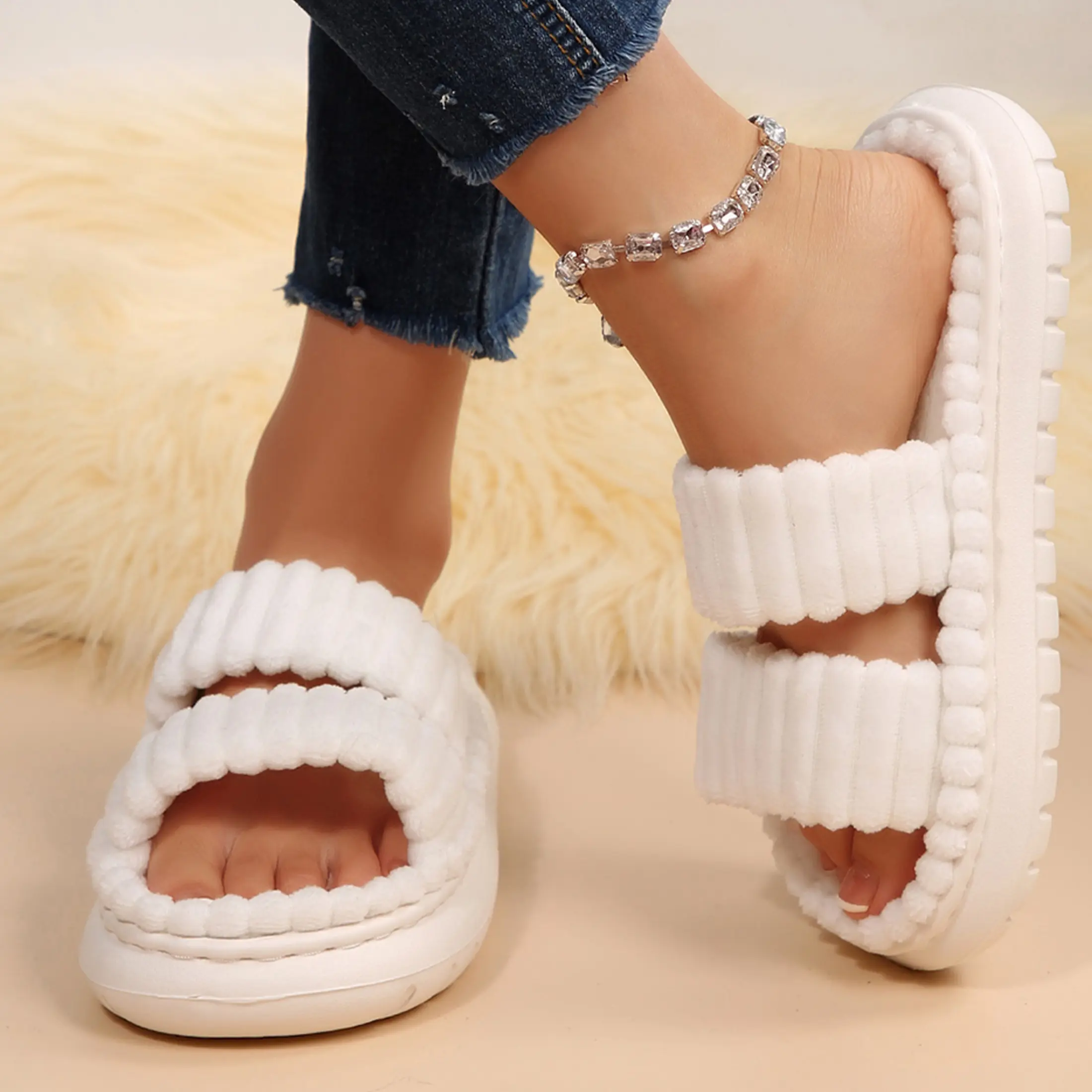 Slippers for Women Memory Foam House Bedroom Corduroy Double Strap Slipper Slides Comfy Open Toe Indoor Womens Slip On Slipper Shoes
