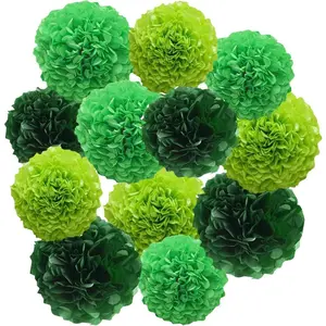 12pcs Paper Pom Poms Tissue Flower Kit - 10in 12in Green Hanging Balls for Wedding Party Decorations - DIY Art Craft Blooms for Birthday Baby Shower Nursery Decor Backdrop Hand ring garland
