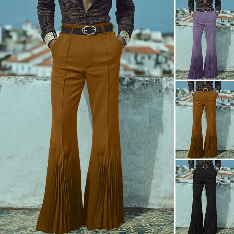 INCERUN Men's High-Waisted Vintage Draped Flare Pants - 100% Polyester Plain Fabric, Pleated Detail, Fitted Cut for Parties, Streetwear, Male High Waisted Pants, Gay