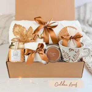 Golden Leaf Cozy Autumn Care Package - Fall Gift Box for Women with Mug, Candle, Socks & Chocolate | Thanksgiving & Birthday Gift Idea | Personalized Greeting Card Included