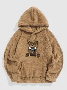Men's Cartoon Bear Embroidered Drawstring Plush Hoodie, Casual Pocket Long Sleeve Hooded Sweatshirt, Men Essentials Clothes