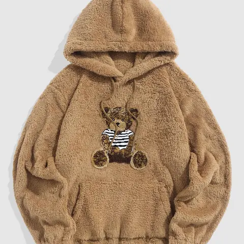 Men's Cartoon Bear Embroidered Drawstring Soft Plush Hoodie, Casual Pocket Long Sleeve Hooded Sweatshirt, Men Essentials Clothes Embroidery