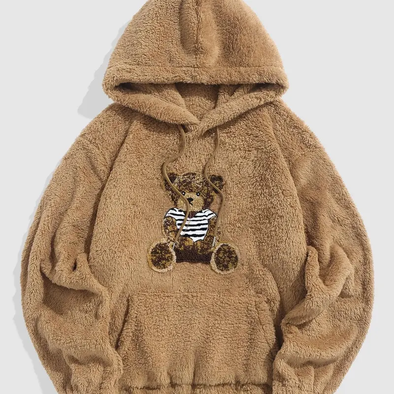 Men's Cartoon Bear Embroidered Drawstring Soft Plush Hoodie, Casual Pocket Long Sleeve Hooded Sweatshirt, Men Essentials Clothes Embroidery