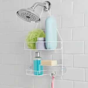Basic White Hanging Shower Caddy with 2 Shelves and Soap Tray