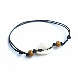 Cowrie Sea Shell Bead Anklet, Adjustable, Wax Cord, Beach Jewelry