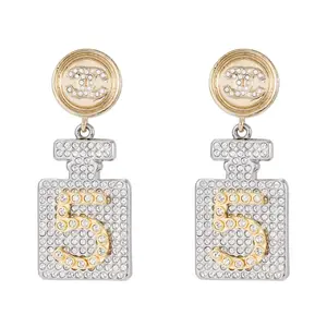 Pre-owned Chanel Two Tone Crystal CC Logo Number 5 Perfume Bottle Drop Earrings JLP020506