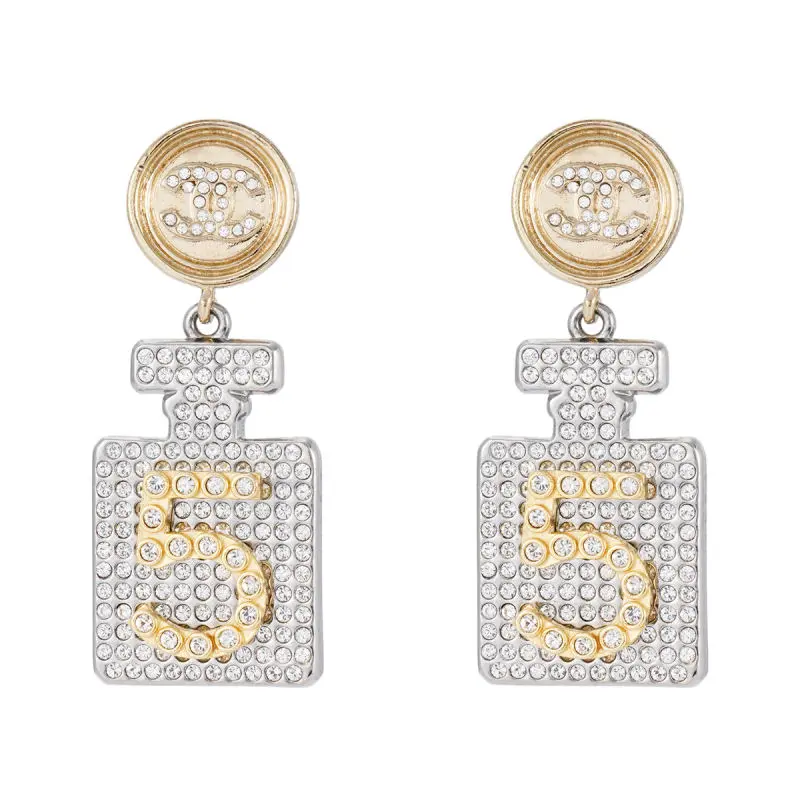 Pre-owned Chanel Two Tone Crystal CC Logo Number 5 Perfume Bottle Drop Earrings JLP020506