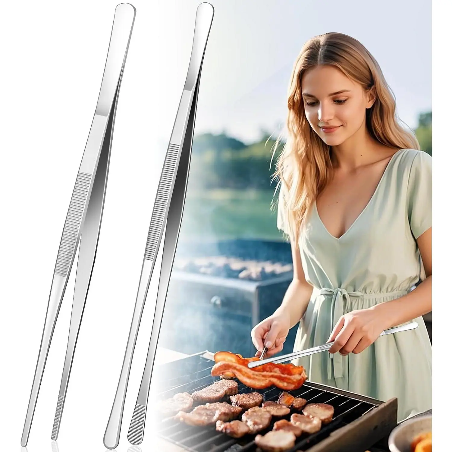 12-Inch Kitchen Tweezers for Cooking, 2 count Tweezer Tongs for Cooking - Stainless Steel Cooking Tweezers for BBQ, , Serving, Pasta & Salad -  Tongs for Cooking with Non-Slip Grip