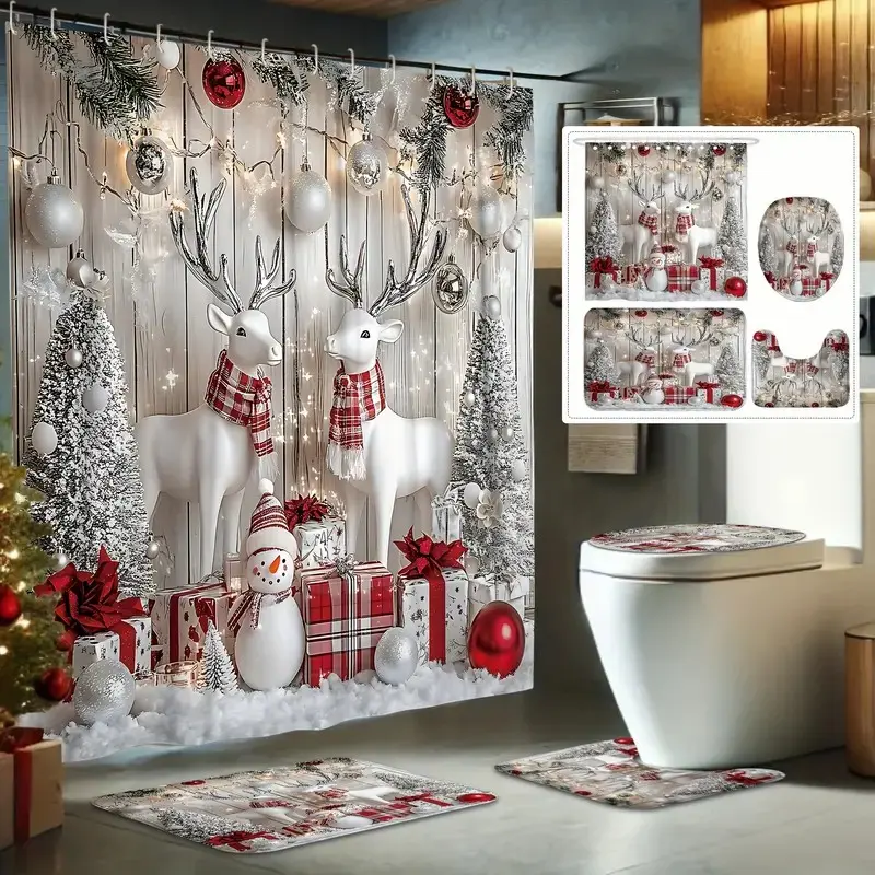 Christmas Winter Shower Curtain Set, Silver Color, Includes Tree Deer Gift Snowman, Washable, Holiday Bathroom Decor, 12 Hooks Included, Bathroom Decoration Accessories, Shower Curtains Washable, Bathroom Shower Curtain Sets