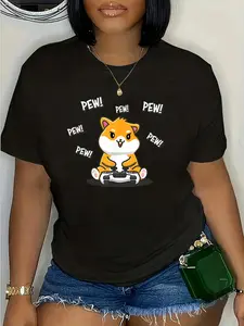 Women's Kawaii Gamer Graphic T-Shirt with Funny Pew Pew Hamster Meme, Casual 100% Cotton Short Sleeve Round Neck Top for Everyday Wear