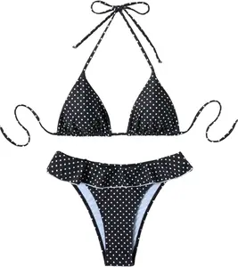 Women's 2 Piece Bikini Sets Polka Dots Triangle Thong Bikini Ruffle String High Waisted Swimsuit Cheeky Bathing Suits