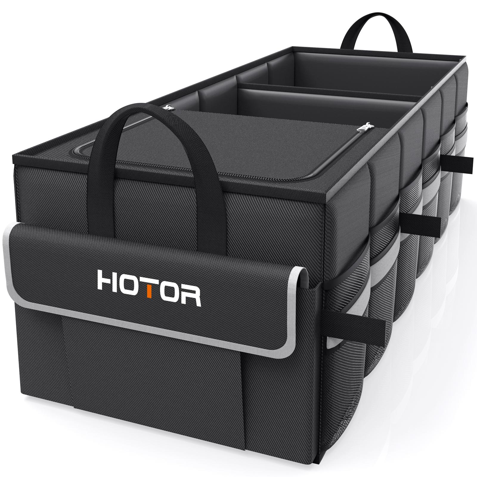 3 Compartment Car Trunk Organizer, Foldable Black Storage Box with Gray Edge, Built in Insulated Cooler Section with Ice Pack and Reflective Strip Design, Large Capacity Trunk Organizer for SUV, Sedan, Grocery, Tools and Travel Essentials