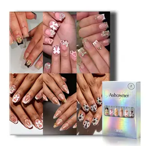 144 Pcs (6 Packs) Ashowner Nude Pink French Press On Nails | Mix & Match 6 Styles | With Bows, Gold Accents & Leopard Details | Reusable Jelly Glue | Coffin & Almond | Coquette & Glam Designs | 12 Sizes