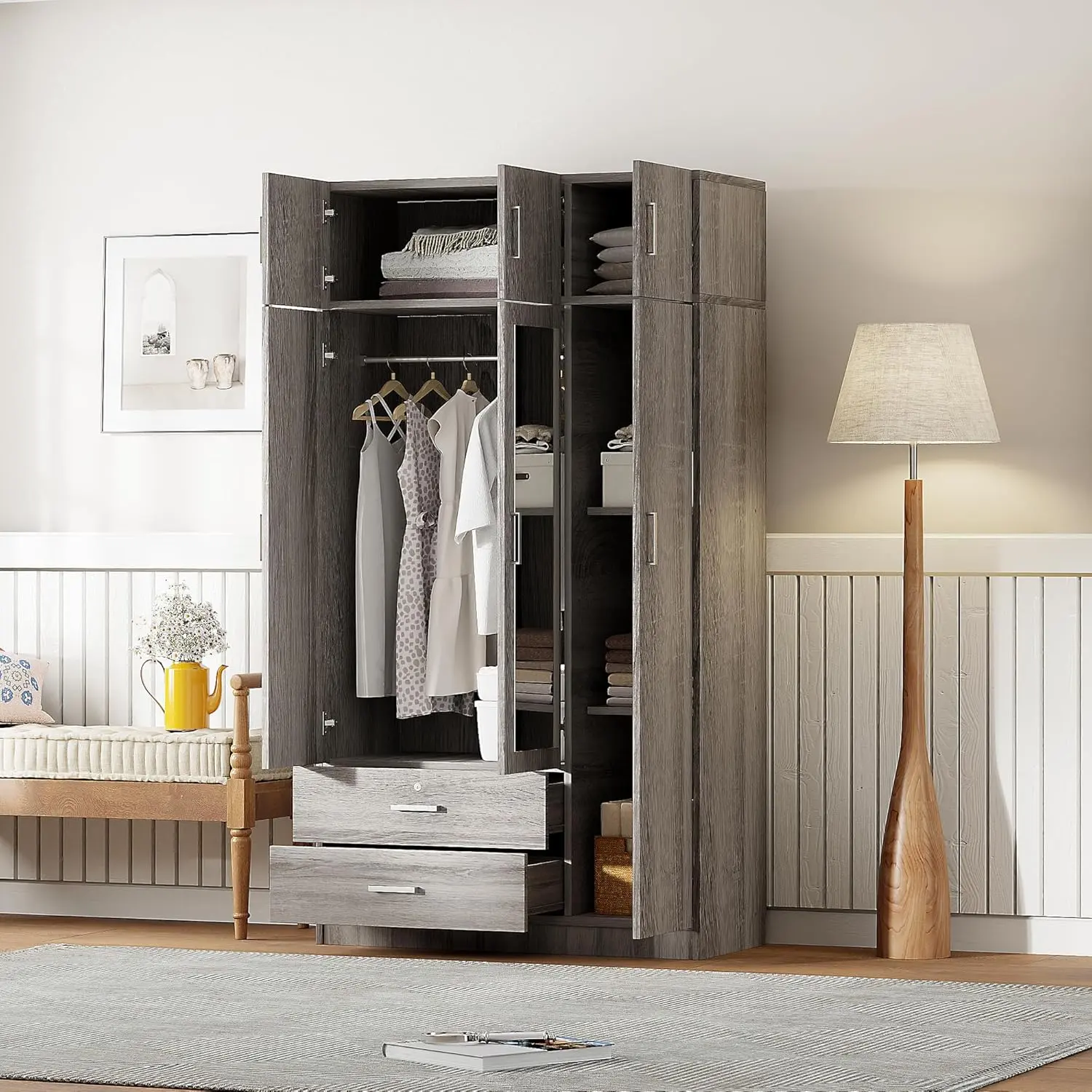 3-Door Wardrobe with Mirror and Drawers, Freestanding Closet for Bedroom, Spacious Storage Solution with Top Cabinet, Ideal for Modern Room, Gray