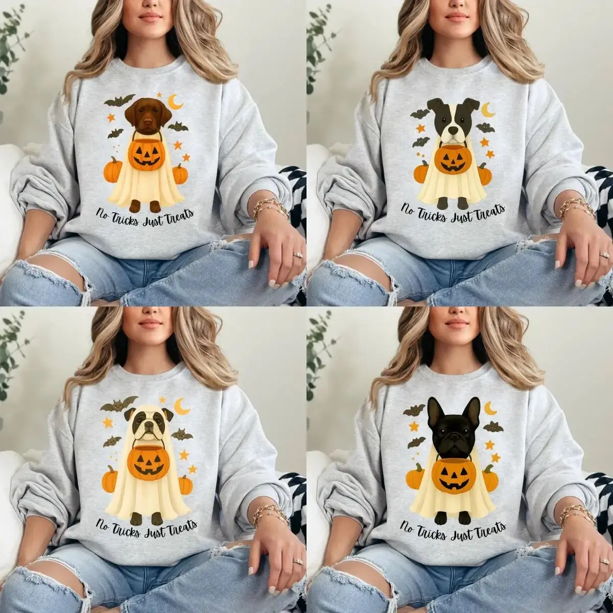 No Tricks Just Treats Halloween Dog Sweatshirt, Halloween Dog Mom Crewneck, Spooky Trick or Treat Pullover, Custom Dog