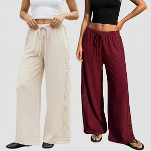 Womens Casual Pants Loose Fit Stylish Solid Color Lace Patchwork Side Drawstring Mid Rise Wide Leg Trousers （Only including pants）