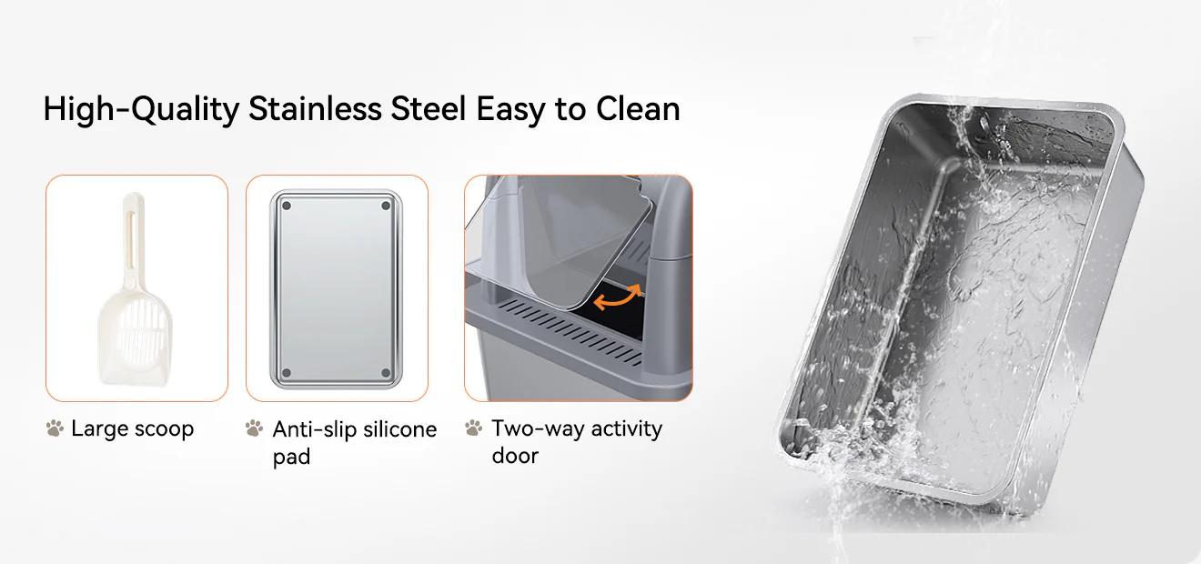 MeoWant LB02 Stainless Steel Cat Litter Box - Extra Large 3-in-1 Detachable Design, Odor-Free, 81L Capacity, Non-Stick, Scratch-Resistant, Rust-Free