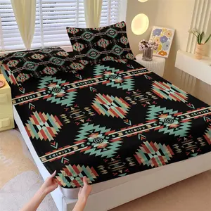 Southwestern Aztec Geometric Fitted Sheet Set, 1 Fitted Sheet + 2 Pillowcases, Black Background Tribal Navajo Pattern Bedding, Soft, Comfortable & Breathable Microfiber, All Season Use, Deep Pocket, Non-Slip, Wrinkle & Fade Resistant