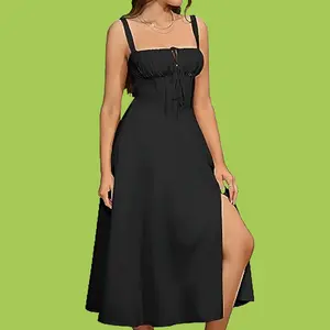 Trendy Boho Floral Corset Midi Dress – Flowy A-Line Sundress with Slit & Lace-Up for Women’s Night Out & Casual Wear